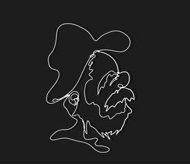 the white outline forms the head of an old man in a hat against a dark background