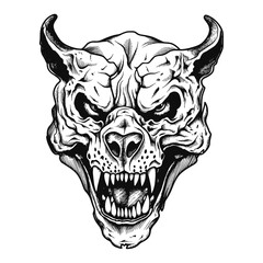 Zombie Tiger Skull: Hand Drawn Black and White Illustration for Flash Tattoo and Coloring Page, Doodle Art Vector on Transparent Background