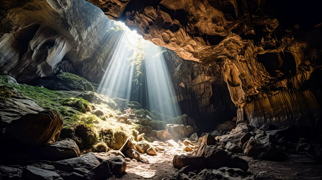 A ray of light at the end of the cave. Generative AI technology.