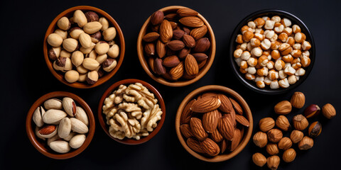 Mix of different kinds of nuts on plates.almonds, hazelnuts, walnuts, brazil nuts on dark background. Top view, flat lay. Copy space. Healthy food composition.Generative ai