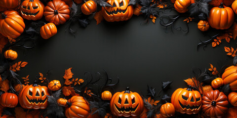 Halloween pumpkins jack o' lanterns flat lay, orange and black, banner, background, copyspace, top down view, seasonal decor