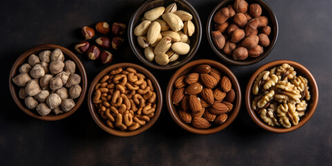 Obraz na płótnie Canvas Mix of different kinds of nuts on plates.almonds, hazelnuts, walnuts, brazil nuts on dark background. Top view, flat lay. Copy space. Healthy food composition.Generative ai