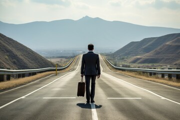 A businessman with briefcase walk at road