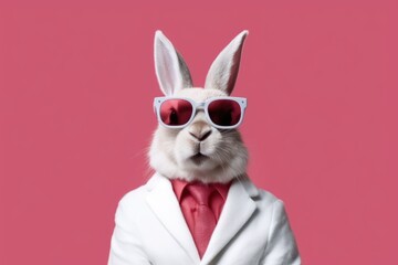 Stylish portrait of dressed up anthropomorphic bunny wearing glasses and suit on vibrant pink background with copy space. Funny pop art animal illustration.