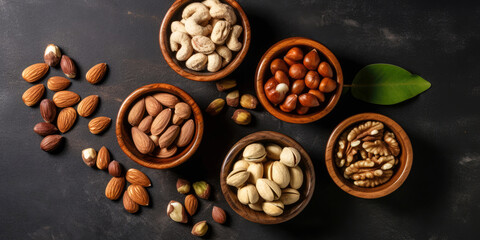 Obraz na płótnie Canvas Mix of different kinds of nuts on plates.almonds, hazelnuts, walnuts, brazil nuts on dark background. Top view, flat lay. Copy space. Healthy food composition.Generative ai