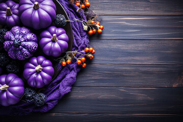 Fall purple pumpkins on rustic wood planks flat lay, banner, background, copyspace, top down view, seasonal decor