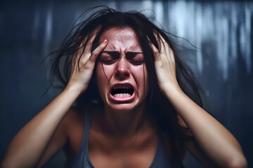 Close-up of a woman's face, caught in an authentic scream, conveying raw emotion. Her expression reveals struggle, anxiety, panic, and depression - a stark portrayal of mental health.