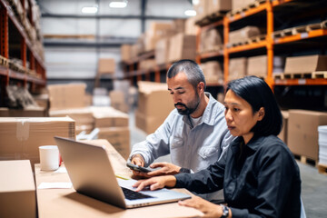 Warehouse managers immersed in work on a laptop, efficiently coordinating logistics, shipping, and inventory for business fulfillment.