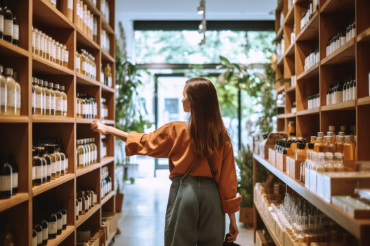 A candid image of a woman keenly browsing natural, eco-friendly cosmetic products in a store, reflecting a conscious, sustainable lifestyle