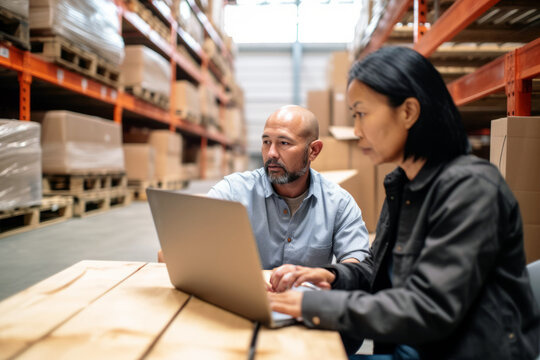 Warehouse managers immersed in work on a laptop, efficiently coordinating logistics, shipping, and inventory for business fulfillment.