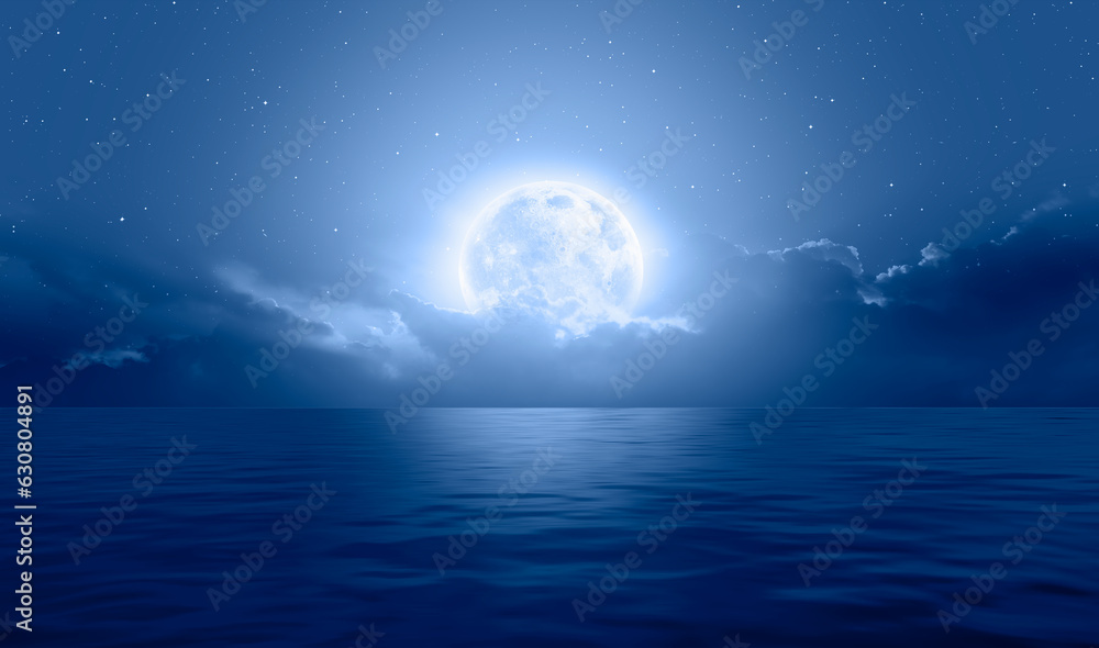 Poster night sky with moon in the dark clouds and darkblue sea in the foreground 