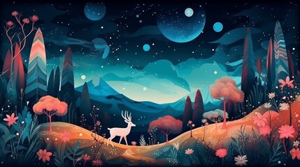 A painting of a deer in a forest at night