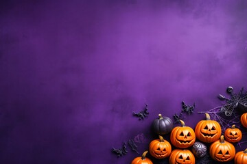Halloween pumpkins jack o' lanterns flat lay, purple and orange, banner, background, copyspace, top down view, seasonal decor