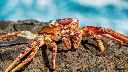 a crab sitting on top of a rock by the ocean