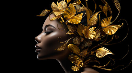 bela mulher com folhas douradas arte de luxo 