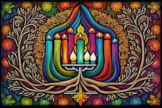 Picture illustrating a Hanukkah menorah emblem made with colored stained glass, appropriate for traditional Chanukah symbol menorah candles lights colorful pattern. Created with generative AI tools