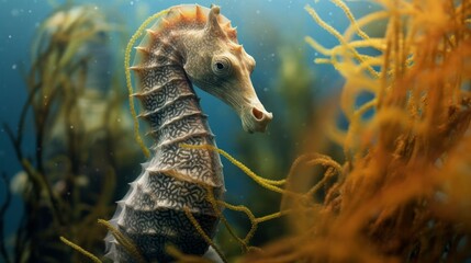 A sea horse is swimming in the ocean