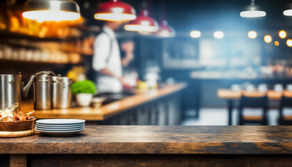 Fototapeta na wymiar Professional restaurant kitchen with blurred cook on backdrop. Indoor background.