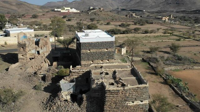 Aerial view of stone and mud houses  Sarat Abidah  Saudi Arabia