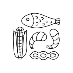 Group of doodle food allergens icons.