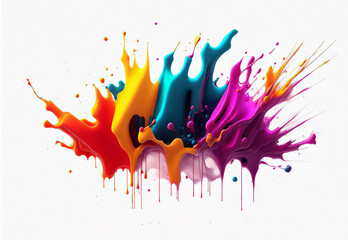 A mass of liquid acrylic paint suspended in the air, with exploding squirts of rainbow color strokes. Surrealist illustration.
