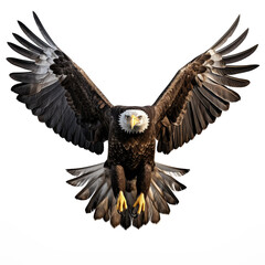 real bald eagle, wings spread wide, front facing, flying, transparent background made with AI generative technology