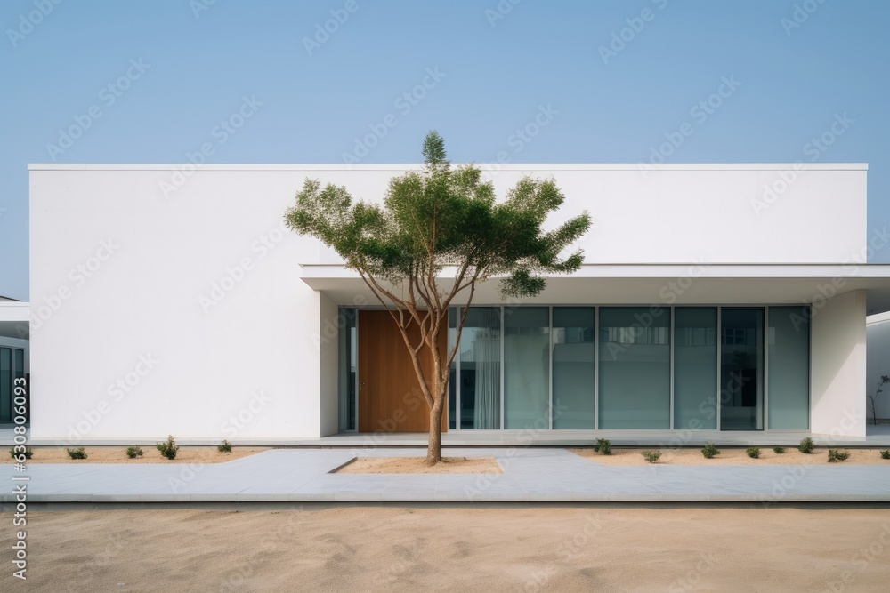 Poster a white building with a tree in front of it