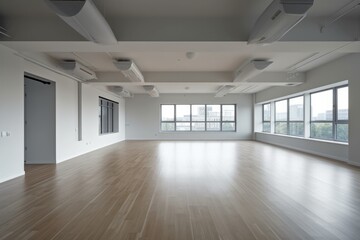 Fototapeta premium An empty room with wooden floors and large windows