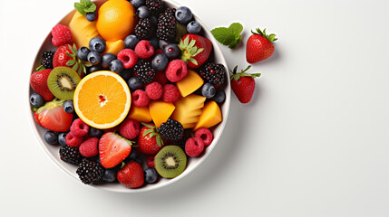 bowl of healthy fresh fruit salad, close up of a colorful Mixed tropical fruit, Copy space