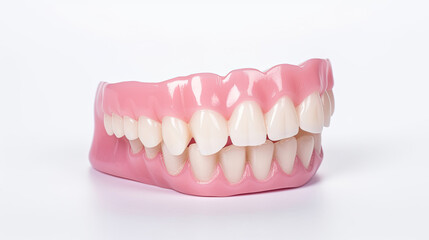 A side view of Dentures or false teeth isolate on a white background. Aesthetic Dentistry of denture.  Generative Ai