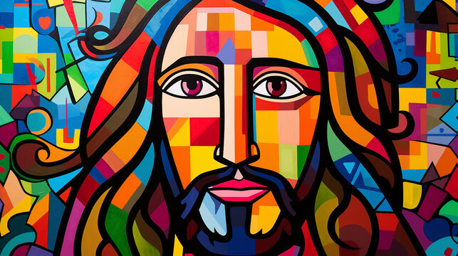 jesus cristo salvador, simbolo da f&eacute; crist&atilde; em arte colorida estilo cubismo 