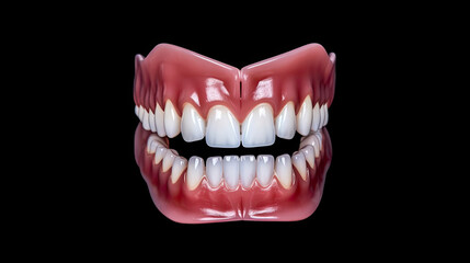 Aesthetic Dentistry of denture. Front view of complete denture isolate on a black background.  Generative Ai