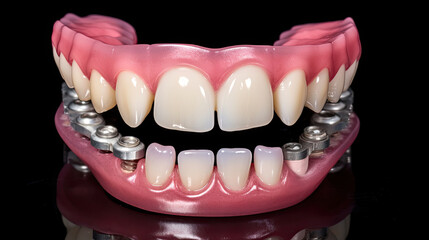 Aesthetic Dentistry of denture. Removable snap on full implant denture installation. Generative Ai