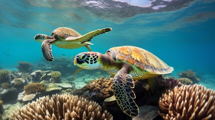Two green sea turtles swimming over a coral reef