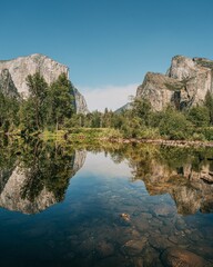 Fototapeta na wymiar Tranquil areal shot of a reflection lake at Yosemite