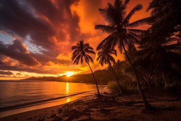 Fototapeta premium A sunset on a tropical beach with palm trees