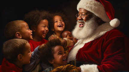 A joyful photo of an African Black Santa Claus interacting with children, embodying the spirit of generosity and merriment