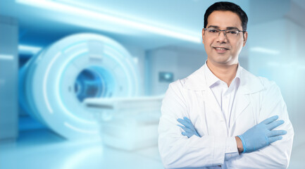 Male doctor. Radiologist with arms folded. Magnetic resonance imaging. MRI machine. Confident...