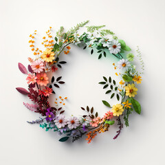 Naklejka na ściany i meble Beautiful spring wreath made of different multicolored wild flowers on white background. Round floral frame.