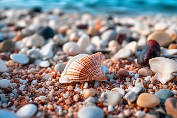 Fototapeta premium A close up of shells and pebbles on a beach