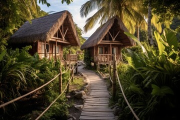 A wooden walkway leading to two huts in the jungle
