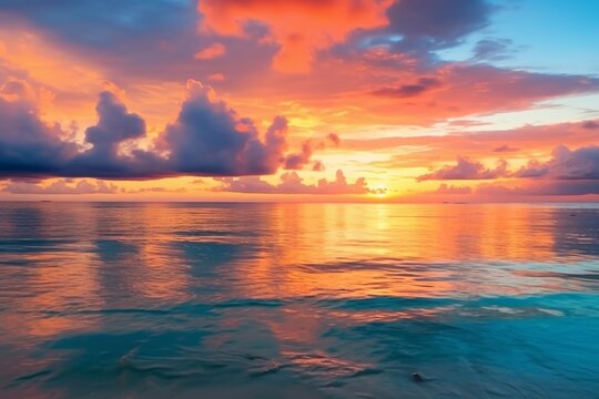 A beautiful sunset over the ocean with clouds © Cloudyew
