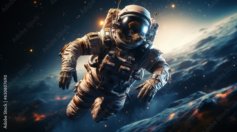 Poster a man in a space suit floating in the air above a planet. generative ai
