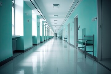 Clinical Environment. Blue Interior of a Hospital Corridor