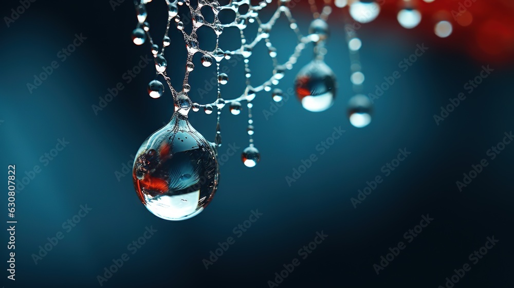 Poster a group of drops of water hanging from a string of beads. generative ai
