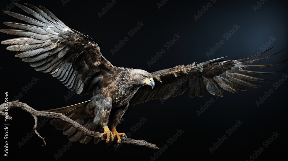 Poster a large bird of prey with its wings spread wide open. generative ai