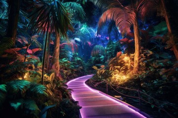 Fototapeta na wymiar A pathway in a tropical forest lit up with purple lights