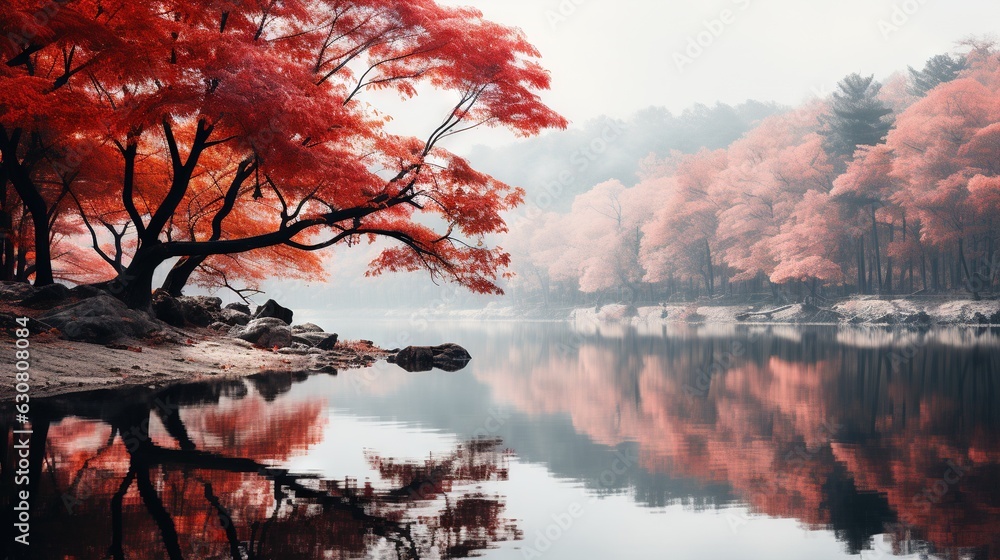 Poster a lake surrounded by trees with red leaves on it's branches. generative ai