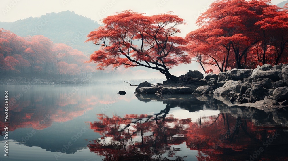 Poster a lake surrounded by rocks and trees with red leaves on them. generative ai