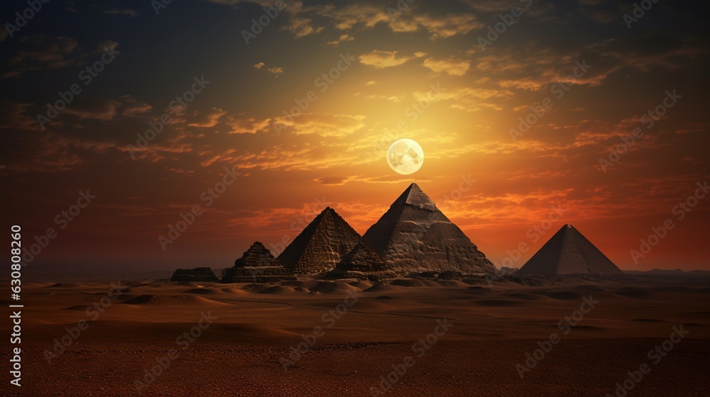Poster a group of pyramids in the desert with a sunset in the background. generative ai